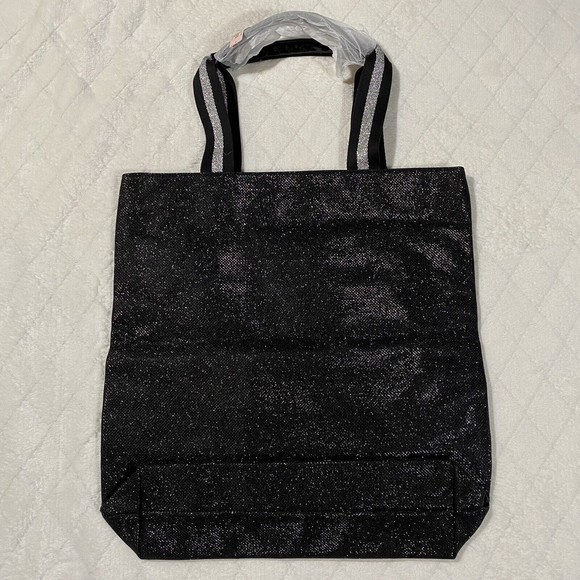 Victoria’s Secret Sparkling Black Canvas Tote Bag Silver Logo Shimmer Straps NWT - Picture 3 of 8